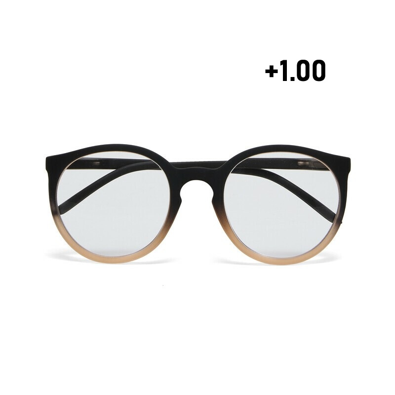 Occhiale da lettura con montatura tonda di colore rosa e nero, lenti da lettura +1.00 diottrie, include astuccio e panno in microfibra